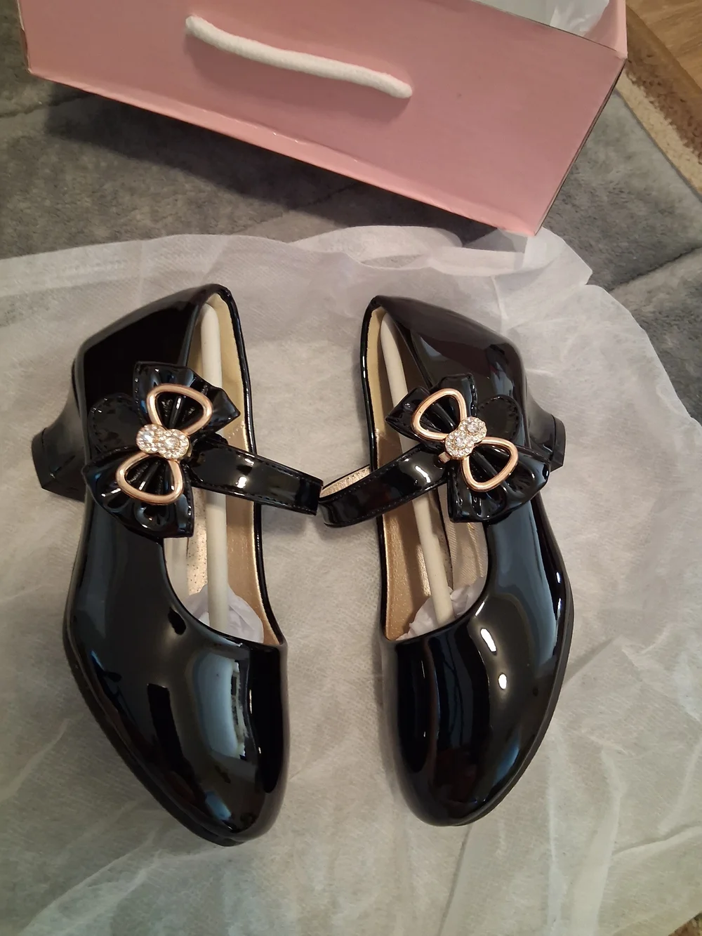 Eithy Black Patent Mary Jane Shoes W/Gold Bow Rhinestone US SIZE 9